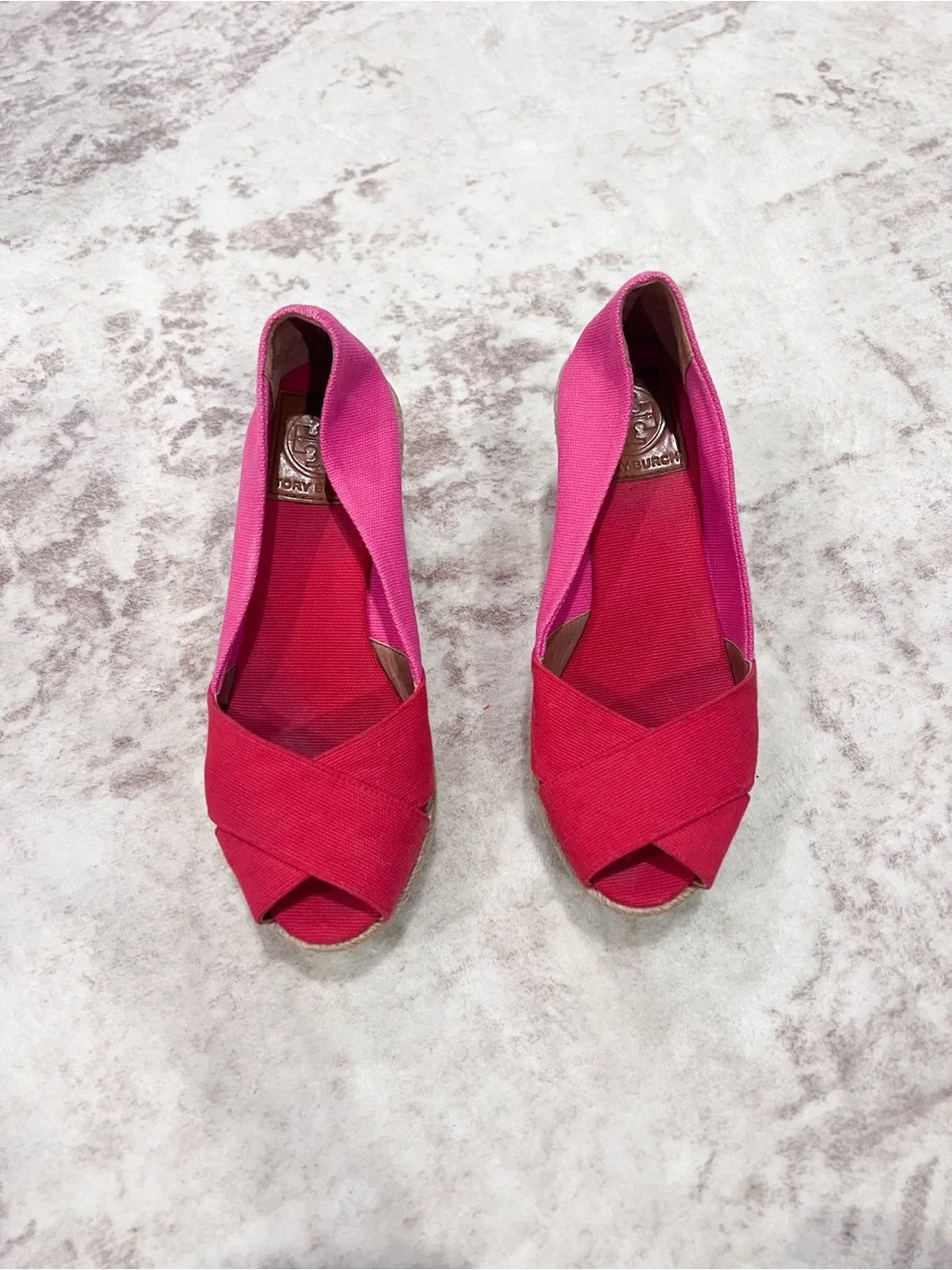 Tory Burch Filipa Pink & Hot Pink Espadrille Wedge Peep-Toe